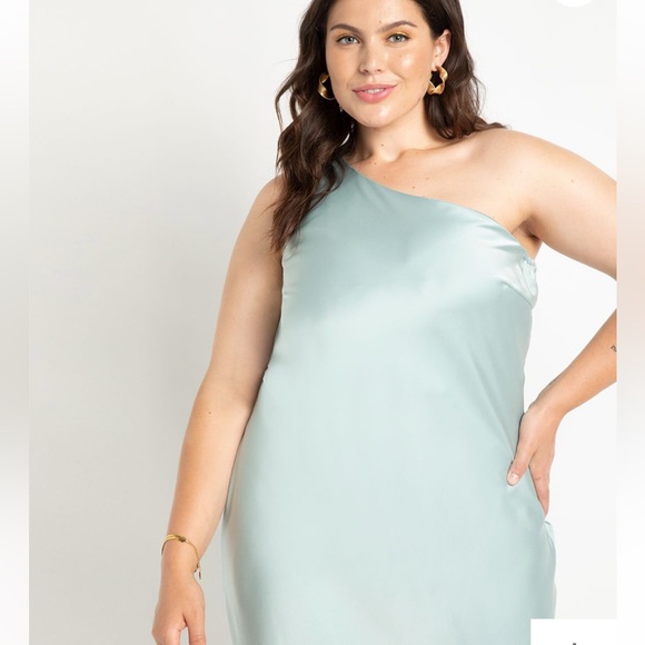 NWT Eloquii sea glass green one shoulder satin midi dress, size 16 - Picture 2 of 4